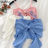 Women Solid Bow Irreguarl Crop Top Sleeveless Tees Knitted Slim Females Sexy Sweet Chic Slim Basic Kawaii Tanks