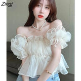 T-shirts Women Chic Summer Tops New Slim Mesh Hotsweet Girls Ruffles French Stylish Vintage Gentle Printed