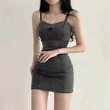 Zingj Chic Summer Retro Bright Line Design Sense Small Minority Slim Show Thin Bag Hip Jeans Sling Dress