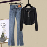 Zingj Slim Hot Girl Top With A Two-Piece Set With Slit Jeans-Outfit