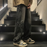 Street Jeans Men's Star Embroidery Design Straight Trousers Chao Brand Ins Loose Wide-Leg