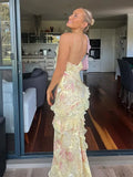 Gradient Mesh Ruffles Patchwork Sling Dress Women Summer V Neck Backless Long Dresses 2024 Fashion Female Holiday