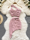 Pink Denim Sexy Women Sets Elegant Zipper Suspenders Tops Sashes Button Pocket Irregular Slash Neck Slim Two Piece