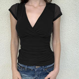 Solid Color Deep Cross V-Neck Short Sleeve TeeOutfit