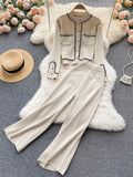 Autumn Korean Fashion Casual Knit Two Piece Set Women Sweater Cardigan Crop Top + Wide Leg Pant Suits Tracksuit 2 Piece