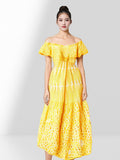 One-Word Collar Dress Women's High-End Lotus Leaf Edge French Embroidery Hollowed-Out Shoulder Waist Holiday
