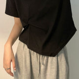 Women Summer Solid Pleated Design Tops O-neck Short Sleeve Loose All-match Korean Style Breathable Streetwear