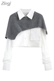 Fashion Women Two Pieces Sets Long Sleeve Short Blouse Shirt + Solid Knitted Pullover Crop Shawl Sweater Female