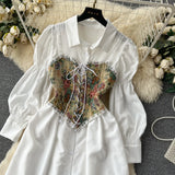 Zingj Autumn Light French Court Bubble Sleeves Single Breasted Shirt Dress + Sling Printed Vest Two-Piece