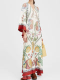 Women Vintage Print Spliced Lace Up Maxi Dress with ribbon Casual Loose V Neck Flare Sleeves Dresses Summer Lady Elegant
