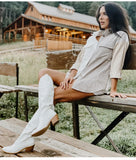 Onlymaker Women White Knee High Boots Western Cowboy Boots Wide Calf Embroidered Pointed Toe Block Heel Pull-On Cowgirl