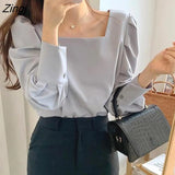 Women Square Collar Lantern Sleeve Solid Single Breasted Simple Design Korean Style Office Lady All-match Trendy