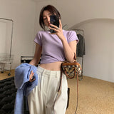Cotton Shoulder Short-Sleeved T-Shirt Women's Ins Tide Brand Round Collar Folded And Bottomed T-Shirt Slim To Show A Thin White