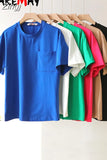 Women's Cotton T-shirt Short Sleeve Casual Solid Basic Women Summer Green Top Soft Knitted Pocket O-Neck Tshirts for Women