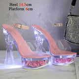 Square Heels Glowing Sandals Women Summer LED Flowers Transparent High Heels Shining Platform Thick Heel Ladies Banquet