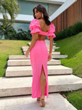 Women Two Piece Skirt Set Square Collar Princess Sleeve Top Slim Bright Line Decoration Dress Suit New Evening Party