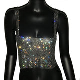 Rhinestones Party Crop Top 2022 Fashion Solid Backless Straps Full Diamonds Sequins Cami Cropped Top for