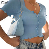 Women Summer Slim Solid Color Button T-shirt Korean Short Sleeve V-neck High Waist Exposed Navel