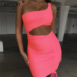 One Shoulder Hollow Out Sexy Summer Dress Women Fold Drawstring Bandage Bodycon Dress Fashion Ruched Mini Party