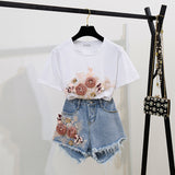 Cotton T-Shirt Tops + Short Jeans 2 Pieces Sets 2024 New Summer Women's Denim Pants Outfits 3D Flowers Beading