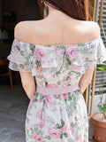 Women Summer Korea Style Off Shoulder Maxi Dress Slit Bodycon Party Elegant Evening Vintage Printed