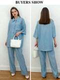 Causal Loose Trouser Suits Autumn Short Sleeve Blouse With High Wasit Pants Set Women Elegant Brown 2 Piece Pants