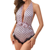 Zingj Sexy Underwear Sexy Female Pink Spot Hanging Neck Jumsuit Sexy