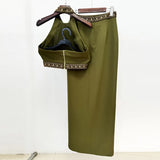 And Summer 2025 New Heavy Industry Nails Studded Neck Vest Top Open Fork Long Skirt Set Two