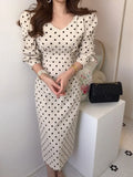Style Spring Autumn Women Casual Polka Dot Print A-Line Party Corduroy Dresses Eleagnt Lace-Up Slim Fashion
