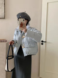 Sweet Wood Button Short Down Jacket Female 2024 Winter New Stand Collar Small Warm White Duck Down Bread Coat-Outfit
