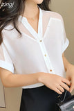 Summer Women Shirts Pullover Chiffon Short-Sleeved Women Tops Solid Color Mesh V-neck Women Clothing camisas mujer