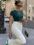Embroidery Letter Printing Stitch Green 90s Crop Tops O-neck Short Sleeve T-shirts clothes shirt vintage bf clothing
