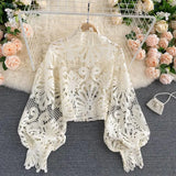 Lace Hollow Out Short Blouse Casual Lantern Long Sleeve Stand Collar Shirts Female Elegant Red/Pink/White Loose Tops