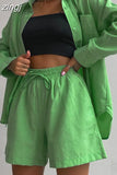 Sleeve Solid Green Shirt Casual Fashion Tops Summer Cotton Suit Two Piece Set Homewear Set Trousers Straight Shorts