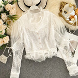 Women Lace blouse White V-neck Long sleeve Short Female shirt Single breasted RufflesSexy Tops Spring Black INKEO