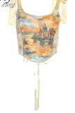 Fairy Y2K Vintage Aesthetic Printed Lace Up Camisole Women Elegant BandageTank Top Skinny Party Clubwear Summer