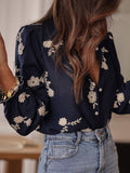 Autumn And Winter Women's Explosive Long-Sleeved Print Top Cover Collar Lantern Sleeve