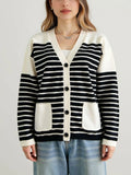 And Winter Single-Dcup Buckle V-Neck Pocket Knitted Cardigan New Striped Impact