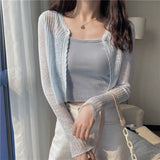 Women V-neck Solid Single Button Slim Knitted Thin Tops Female Korean Style Simple Trendy Long Sleeve Sun
