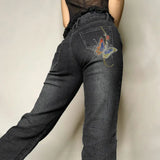 Street Style 2023 Women's Wear Butterfly Embroidery Retro Design Low-Waisted