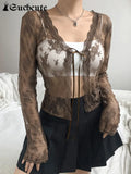 SUCHCUTE Sexy Lace Up Crop Tops Vintage Floral See Through Long Sleeve Women T-Shirts Brown Retro Mesh Aesthetic Clothes
