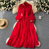 Light Ripe Wind Collar Pleated Lantern Long Sleeved Waist Dress Feminine French Large Pendulum Chiffon
