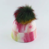New Fashion Winter Thicken Knitted Hats Warm Real Racoon Fur Pompom Unisex Beanie Tie-dyed Cap Adults Head