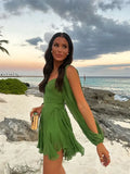 Green Pleated Mini Dress For Women Summer Sexy V-neck Split Long Sleeve A-line Dresses 2024 Casual Lady Beach