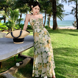 Seaside Holiday High Sense Tea Break French Floral Suspender Chiffon Elegant Temperament Long