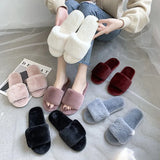 Zingj Autumn And Winter Cotton Slippers Indoor Korean Version Home Flat Open Toe Word Trawl Red Fashion Short Plush- Outfit