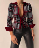 Zingj Wise Burst Spring Long Sleeve V Collar PU Leather Splicing Women's Shirt Shirt