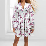 Women's Elegant Fashion V-Neck Bubble Sleeve Print Lotus Leaf Side Short Dress