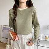Long-Sleeved T-Shirt Women's New Design Is Full Of Impact Color Round-Neck Waffle Top And Bottom