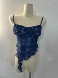 Sweet Hot Ruffles Mesh Camisole Top Lady Camis Sleeveless Printed Floral T shirts High Stretch Slim Tanks For Slim